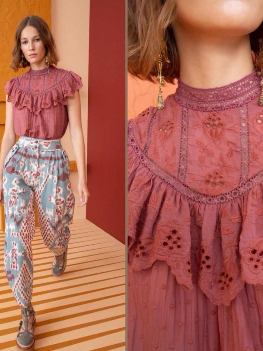 ULLA JOHNSON Silk Delaine Swiss Dot Rosewood Embroidered Lace Top Blouse Size 2